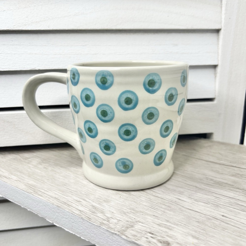 Creative Co-Op Stoneware Mug Blue‎ Green Dot Pattern 12 oz Coffee Tea Cup EUC